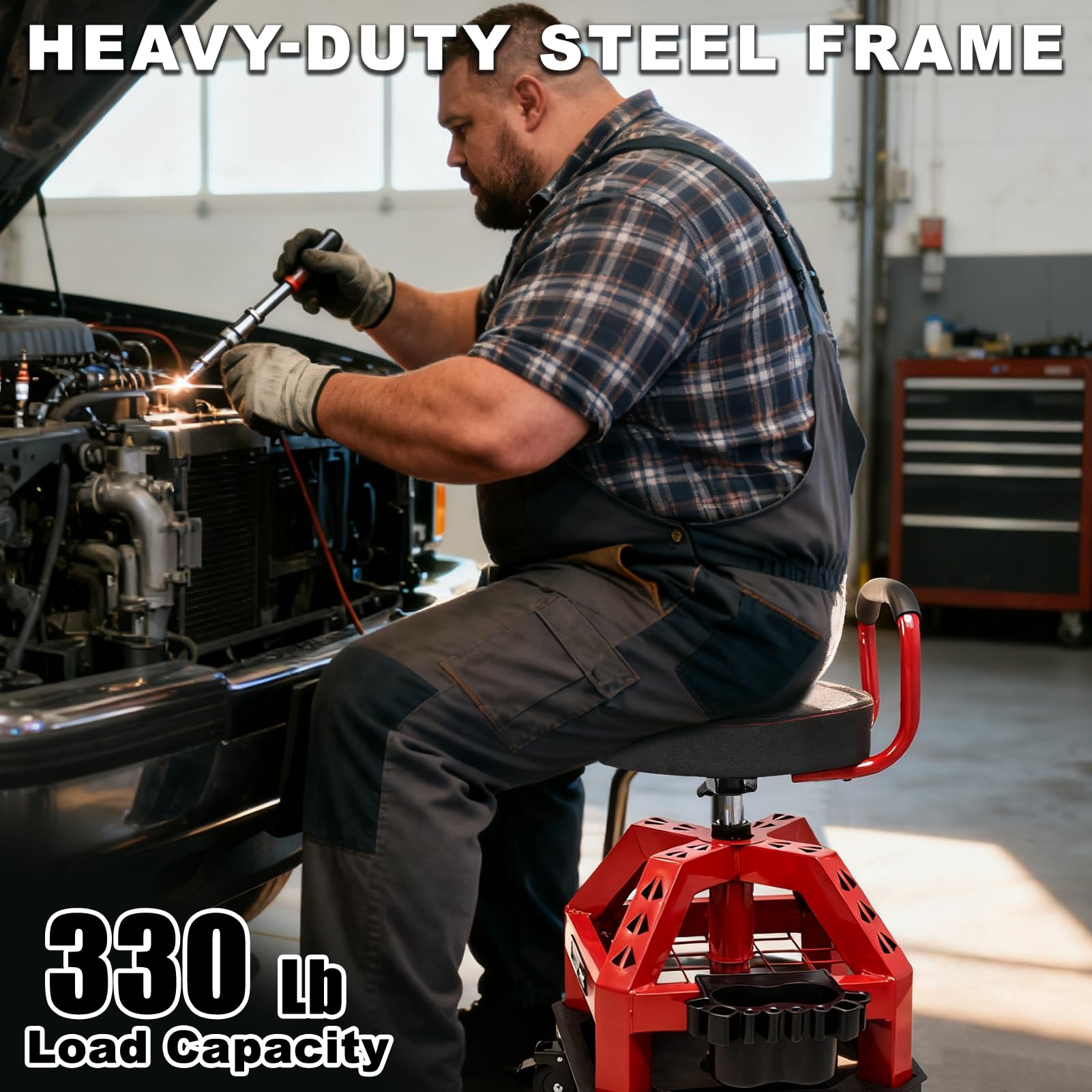 FREEKYROCK stool in garage setting with mechanic showing organized workflow benefit