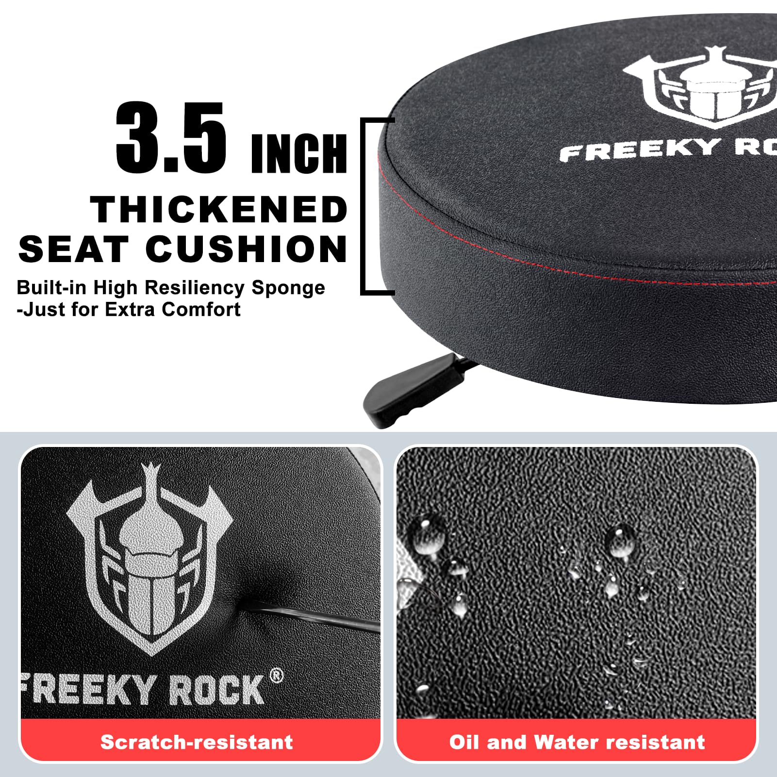 FREEKYROCK seat cushion close-up showing memory foam and waterproof leather benefit