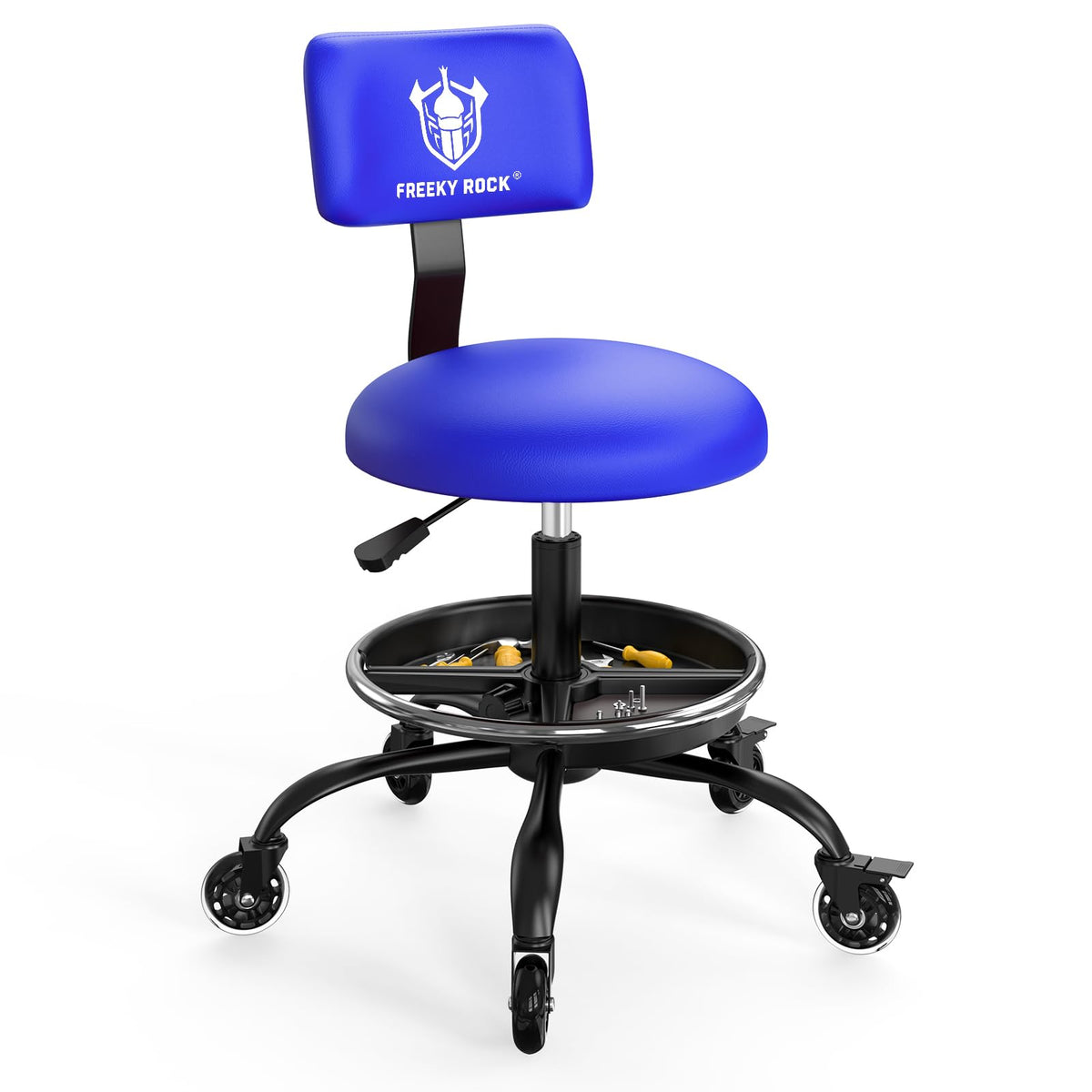FREEKYROCK front view of blue rolling stool showing compact ergonomic design and mobility