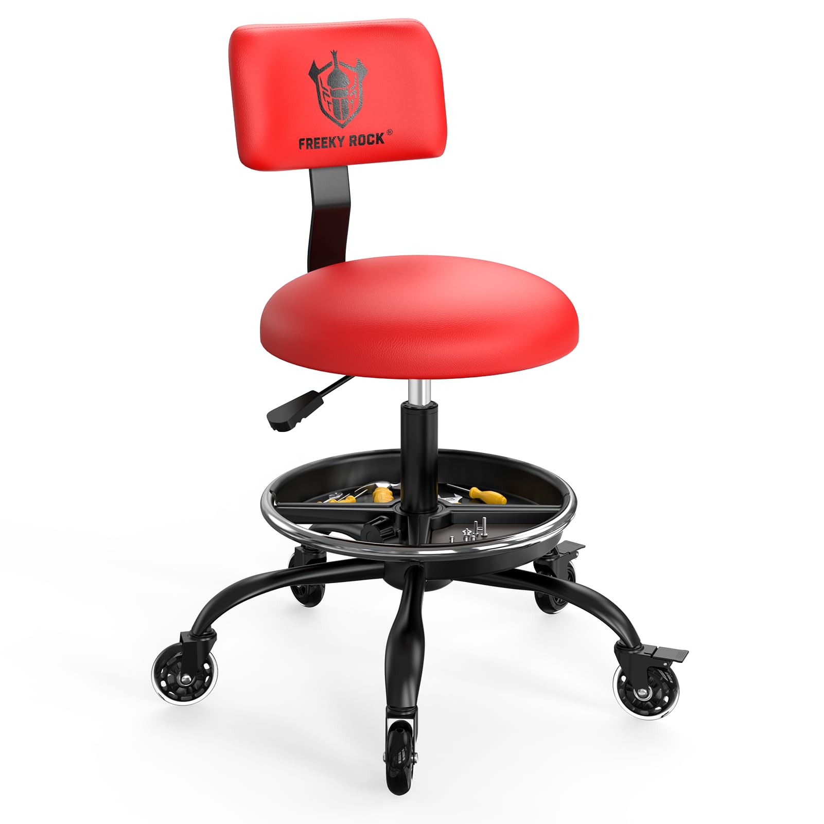 FREEKYROCK front view of red rolling stool showing overall design and utility