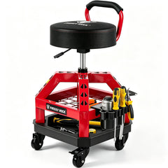 FREEKYROCK front view of red rolling shop stool showing sturdy frame and storage