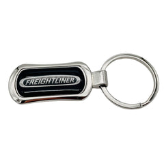 Freightliner chrome keychain front view showing logo and ring, durable everyday carry