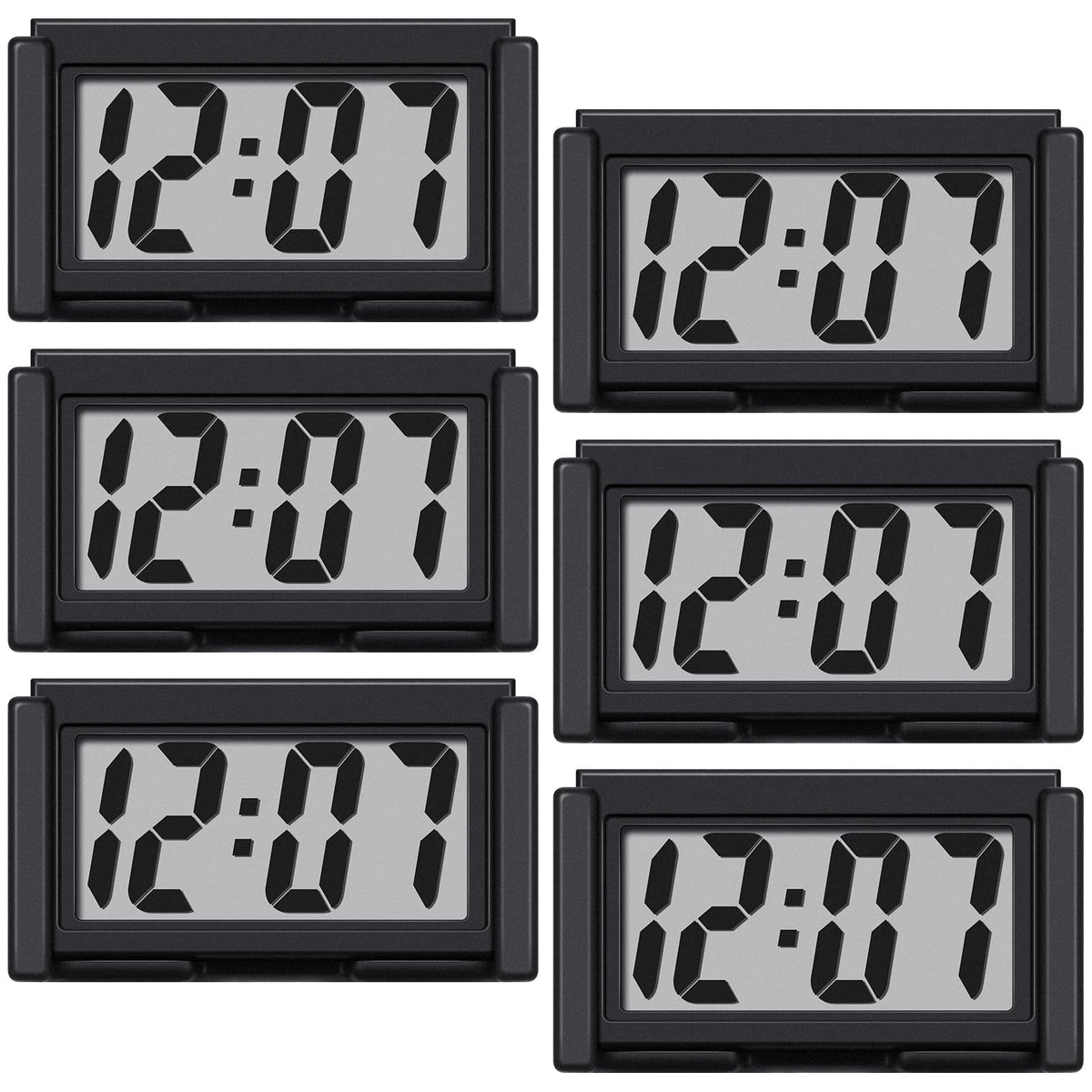 Frienda front view of six black mini clocks showing clear digits and neat packaging, convenient multi-use set