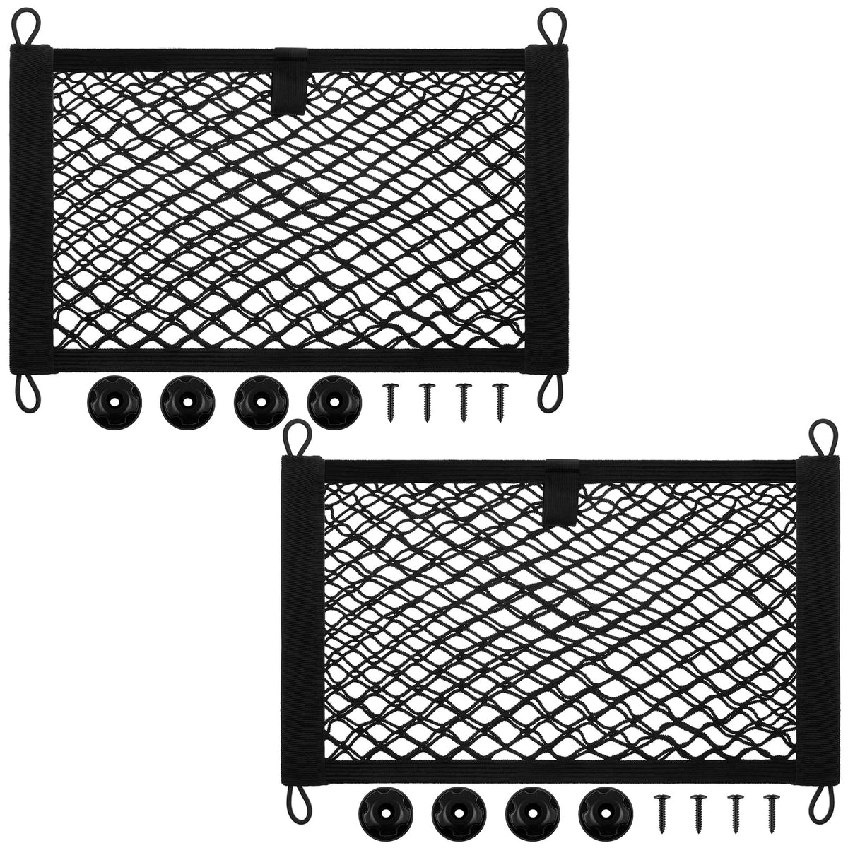 Frienda front view of two cargo nets showing compact packaging and included hardware benefit: easy storage