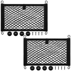 Frienda front view of two cargo nets showing compact packaging and included hardware benefit: easy storage
