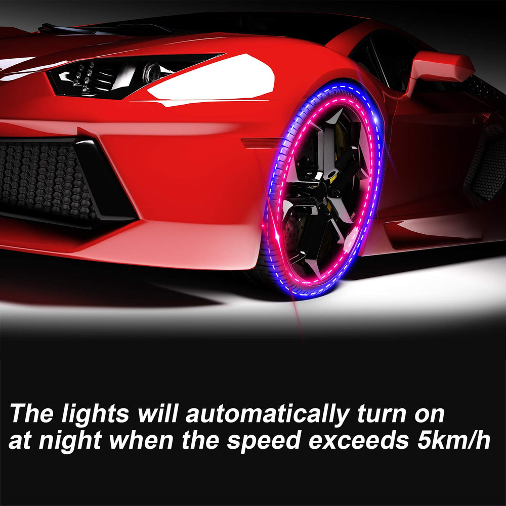 Frienda lights visible on a car wheel while driving, enhancing nighttime presence