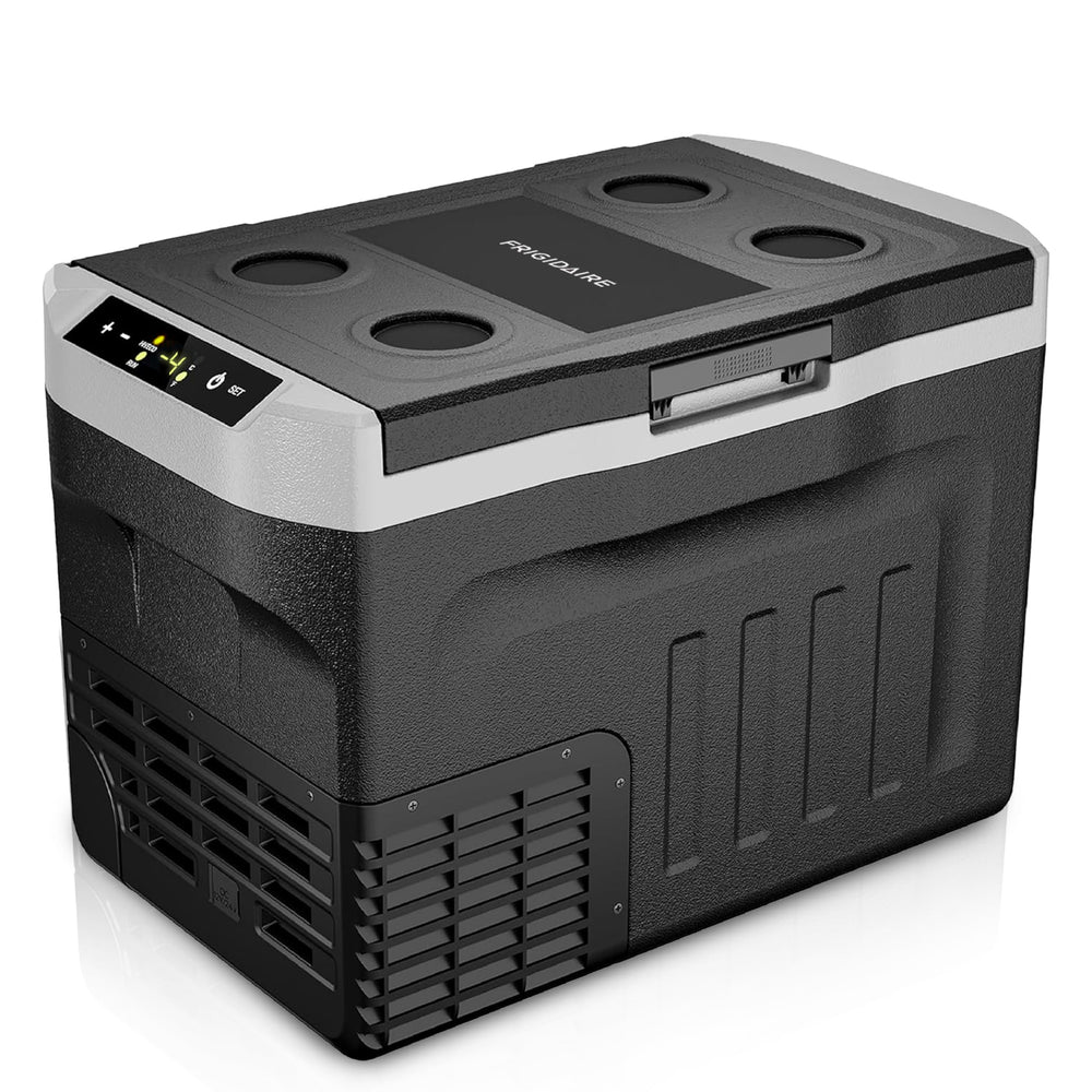 Frigidaire front view of compact 21qt fridge freezer showing size and portability benefits