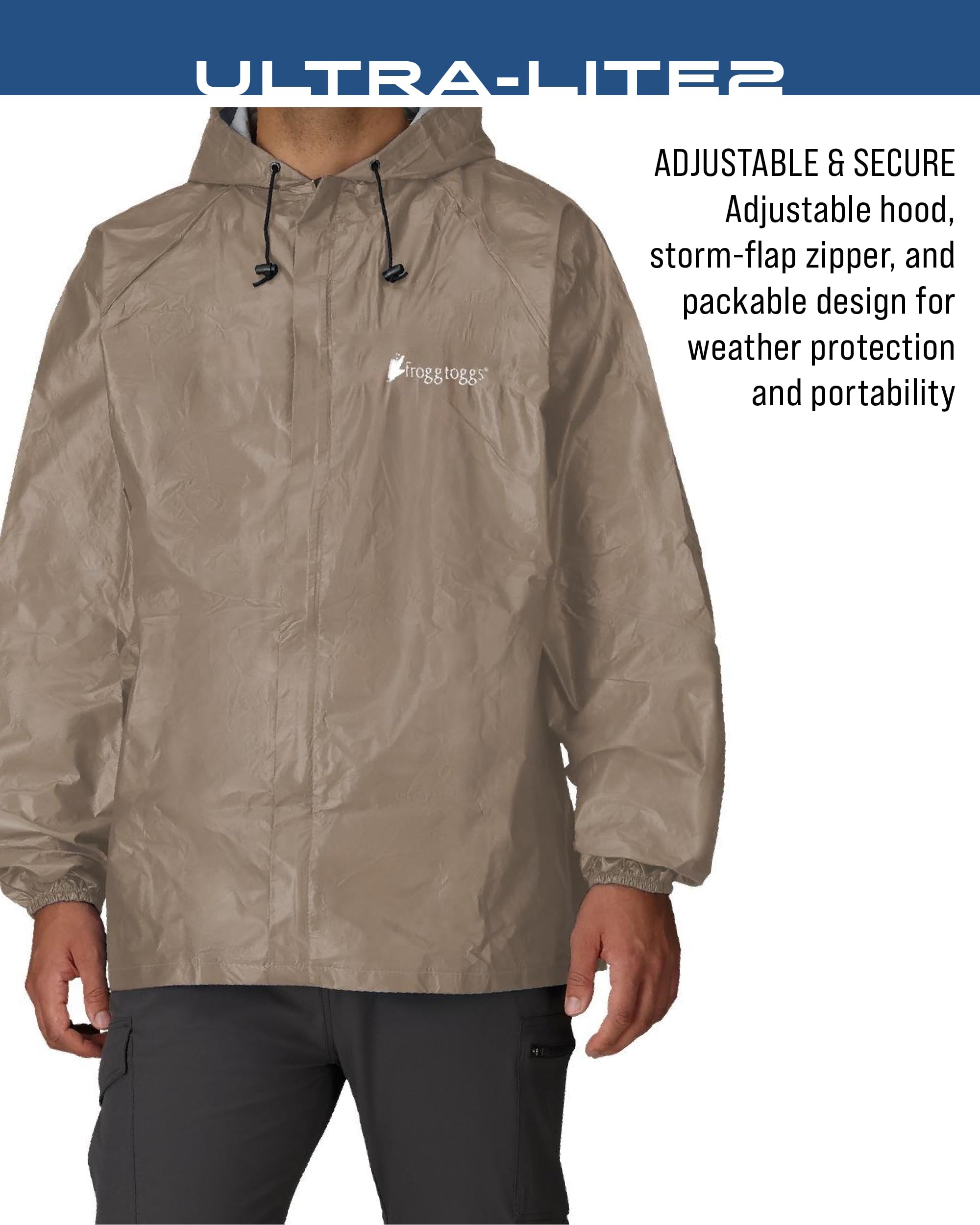 FROGG TOGGS jacket compressed in included stuff sack for easy storage
