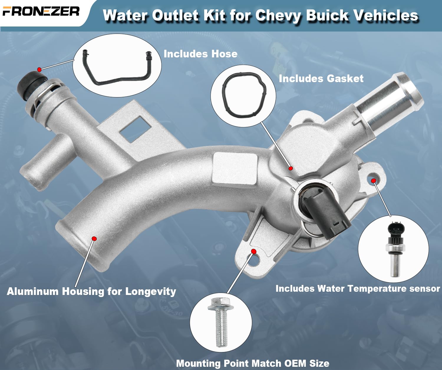 FRONEZER water outlet kit installed in engine bay demonstrating direct bolt-on replacement