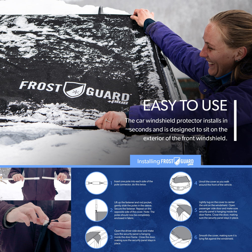 FrostGuard in use on snowy driveway saving time and preventing windshield scraping
