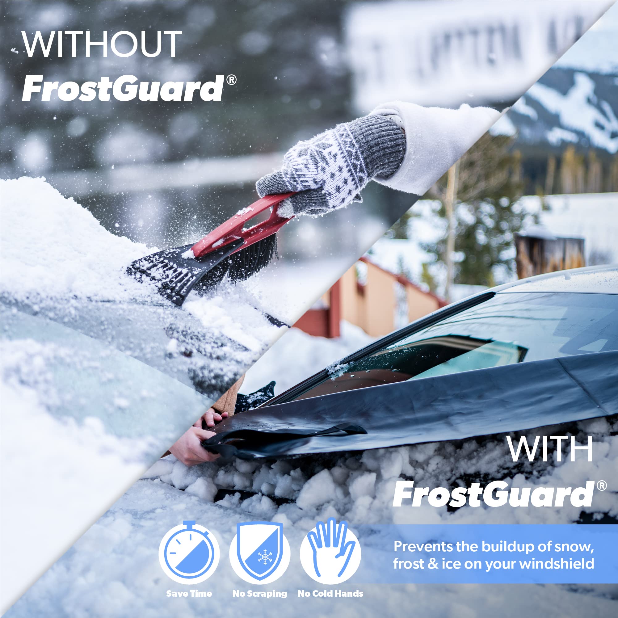 FrostGuard size comparison on a sedan showing 59x41 inch fit for standard cars