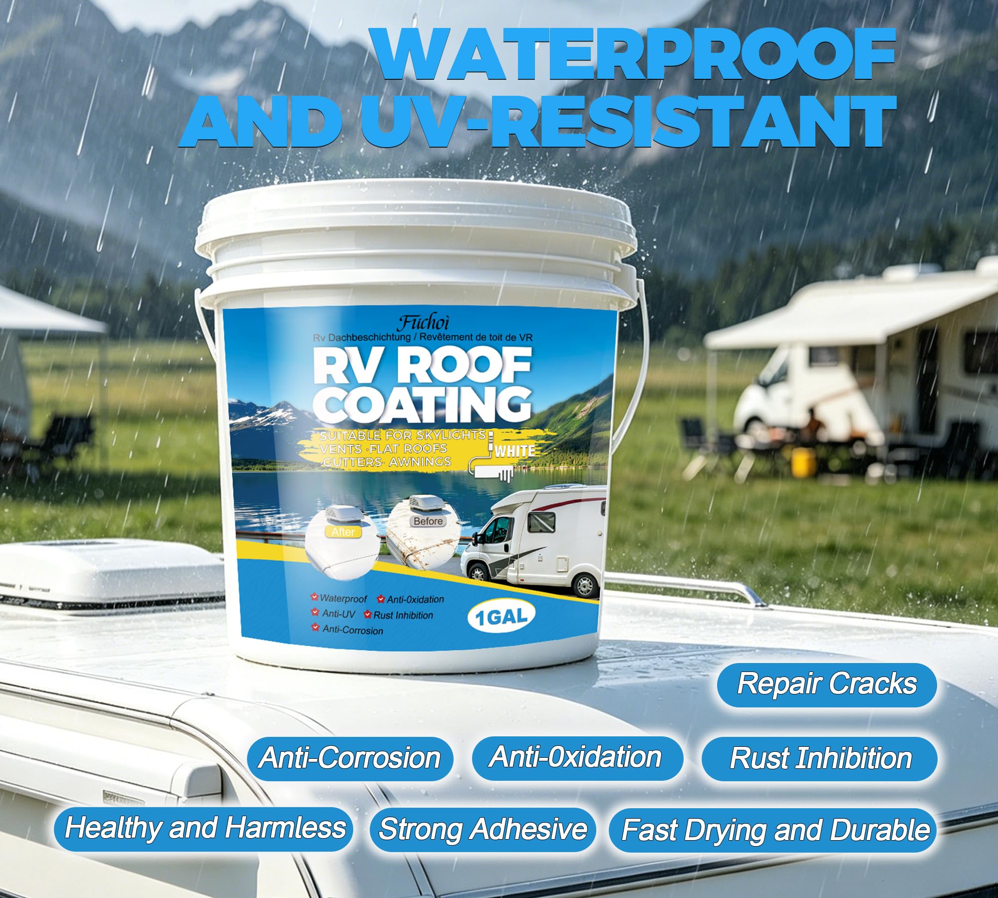 Fuchoi applying coating with roller on an RV roof demonstrating fast DIY waterproofing