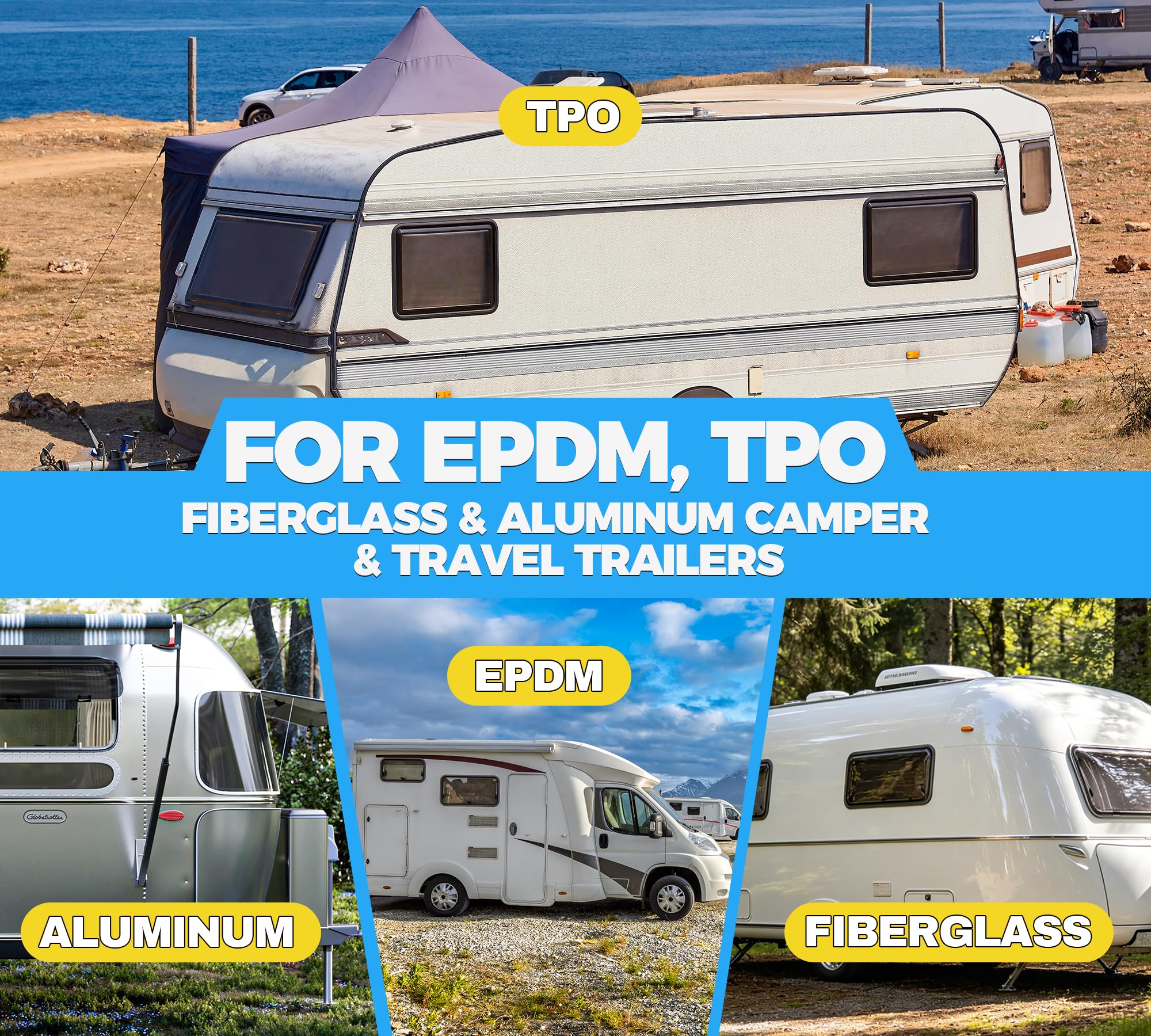 Fuchoi gallon next to RV roof panel showing product scale and sufficient coverage per unit