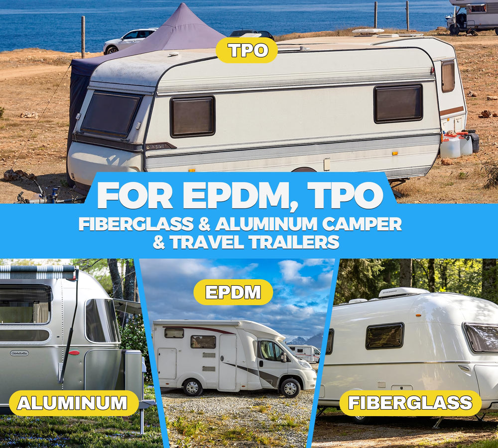 Fuchoi gallon next to RV roof panel showing product scale and sufficient coverage per unit