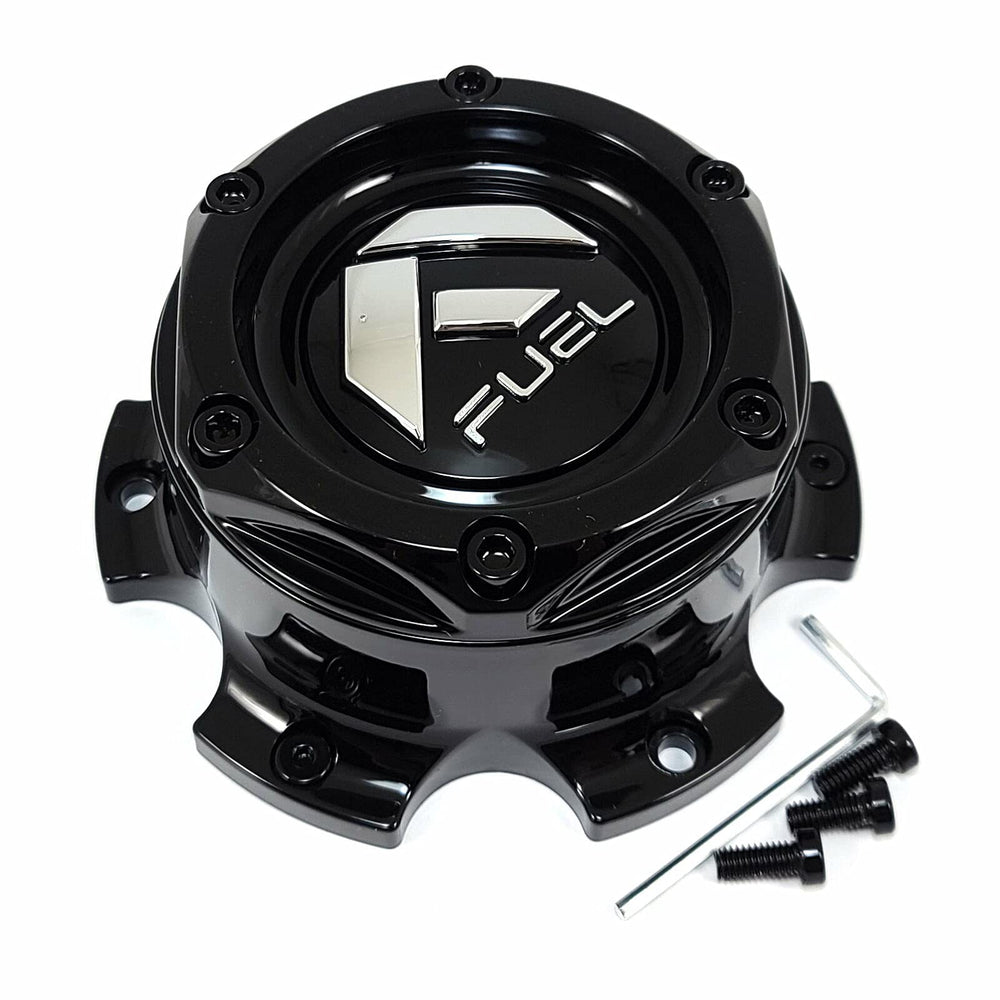 Fuel Off-Road center cap front view showing gloss black finish and chrome logo for polished look