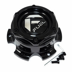 Fuel Off-Road center cap front view showing gloss black finish and chrome logo for polished look