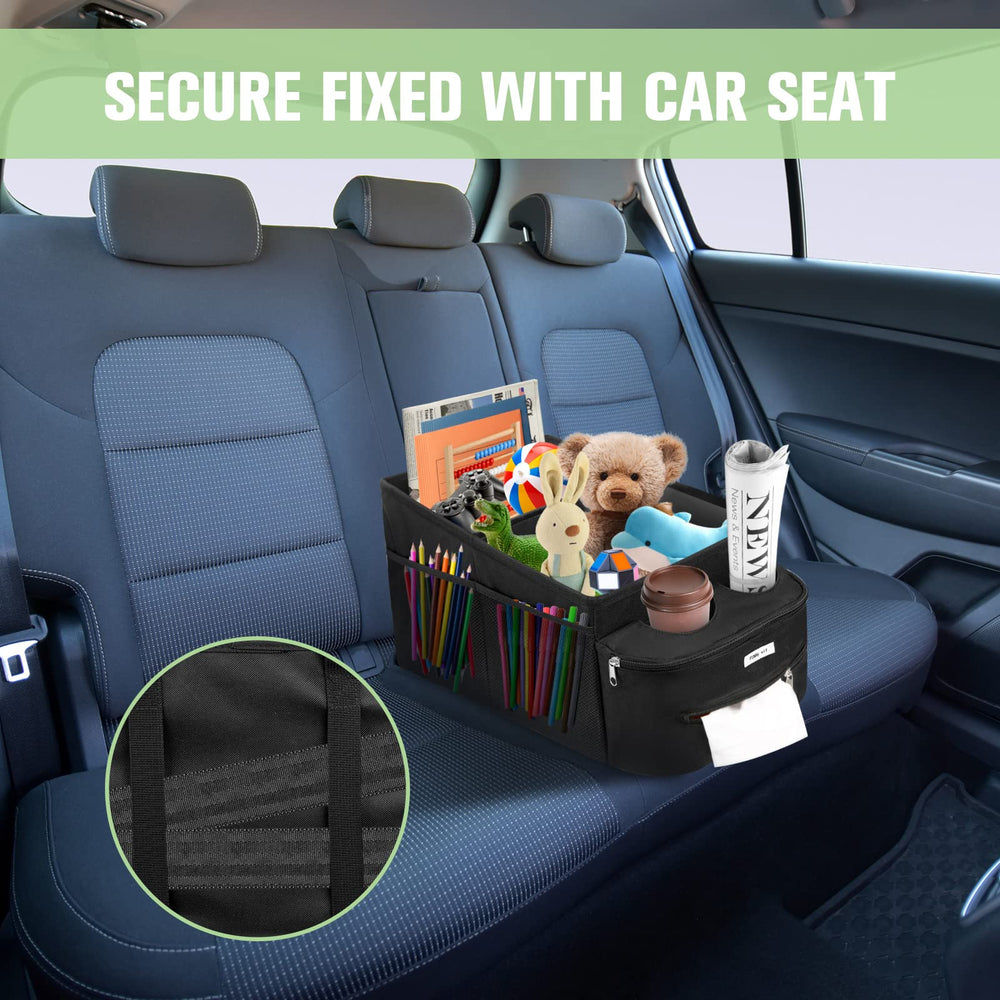 FUNNy elf partition and mesh pockets holding toys and snacks for accessibility
