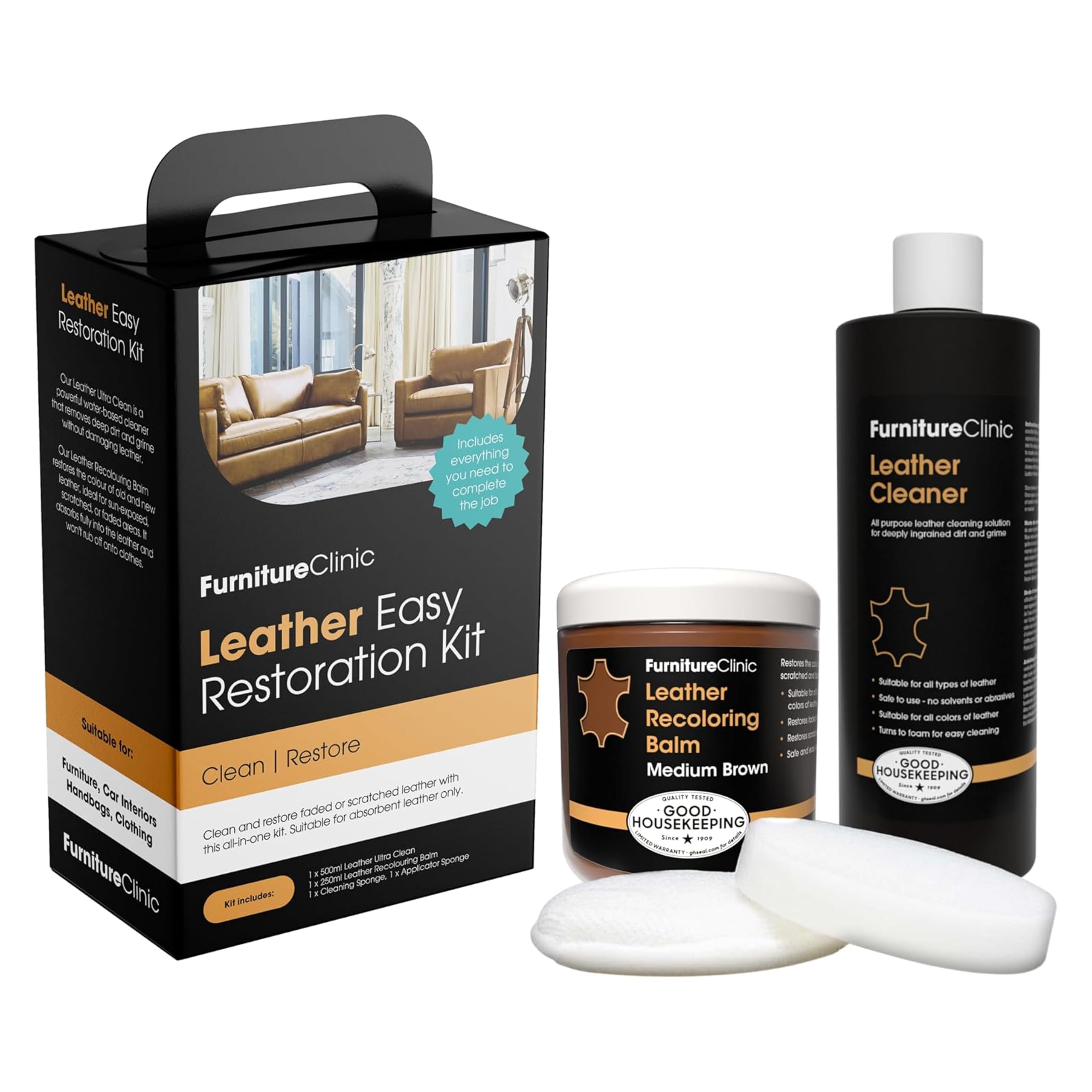 Furniture Clinic front packaging showing medium brown kit and contents benefit restoration
