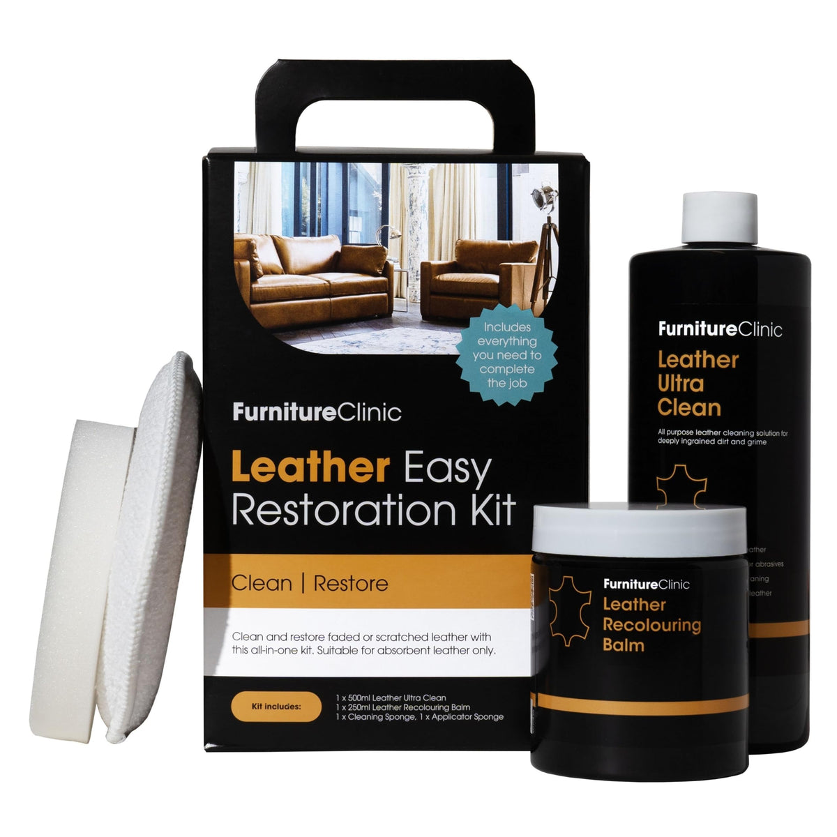 Furniture Clinic kit packaging showing components and benefits