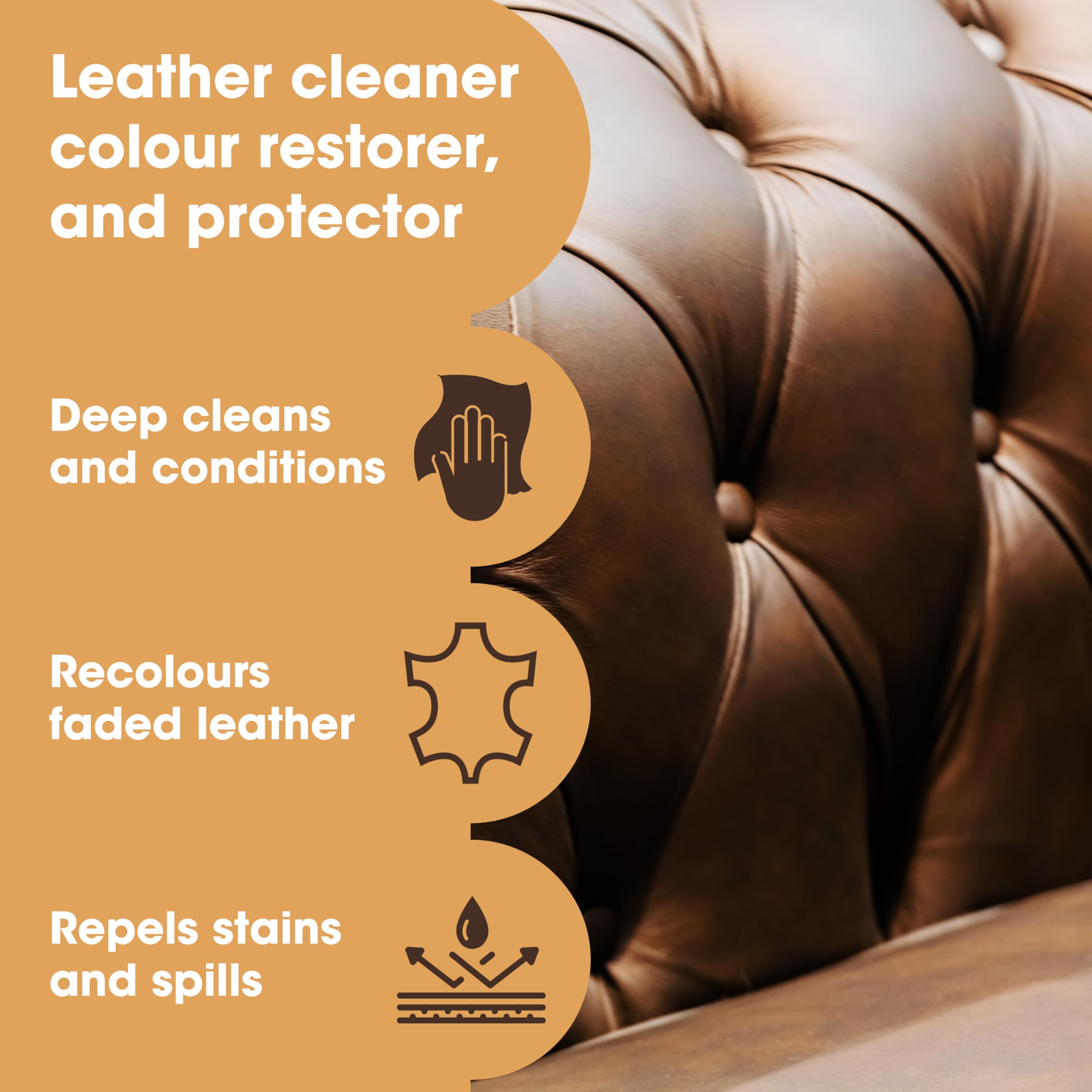 Furniture Clinic leather cleaner bottle close-up showing label and texture