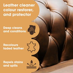 Furniture Clinic leather cleaner bottle close-up showing label and texture