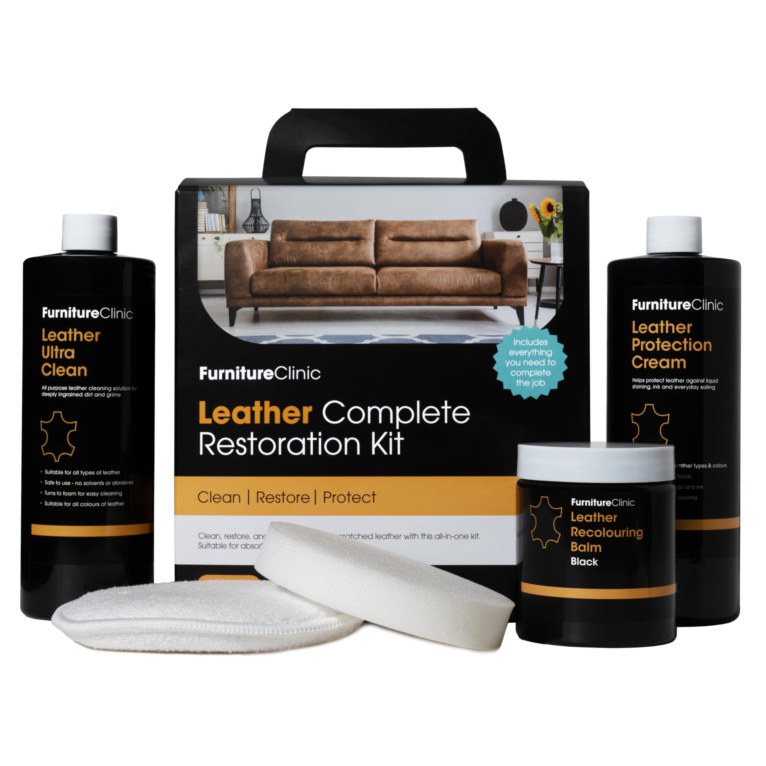 Furniture Clinic kit front packaging showing all five pieces and benefits