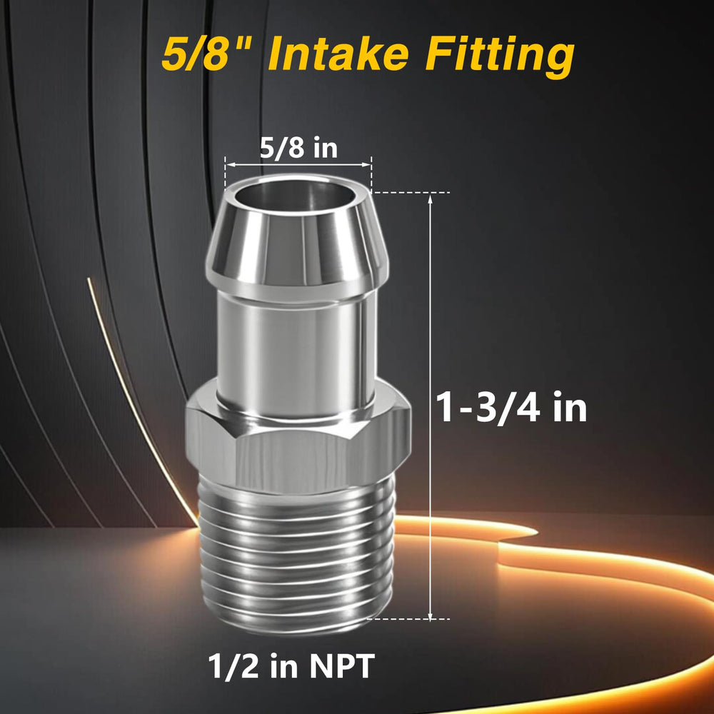 FUSCH 5/8" intake hose nipple close-up showing precise fit for heater hose