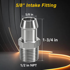 FUSCH 5/8" intake hose nipple close-up showing precise fit for heater hose