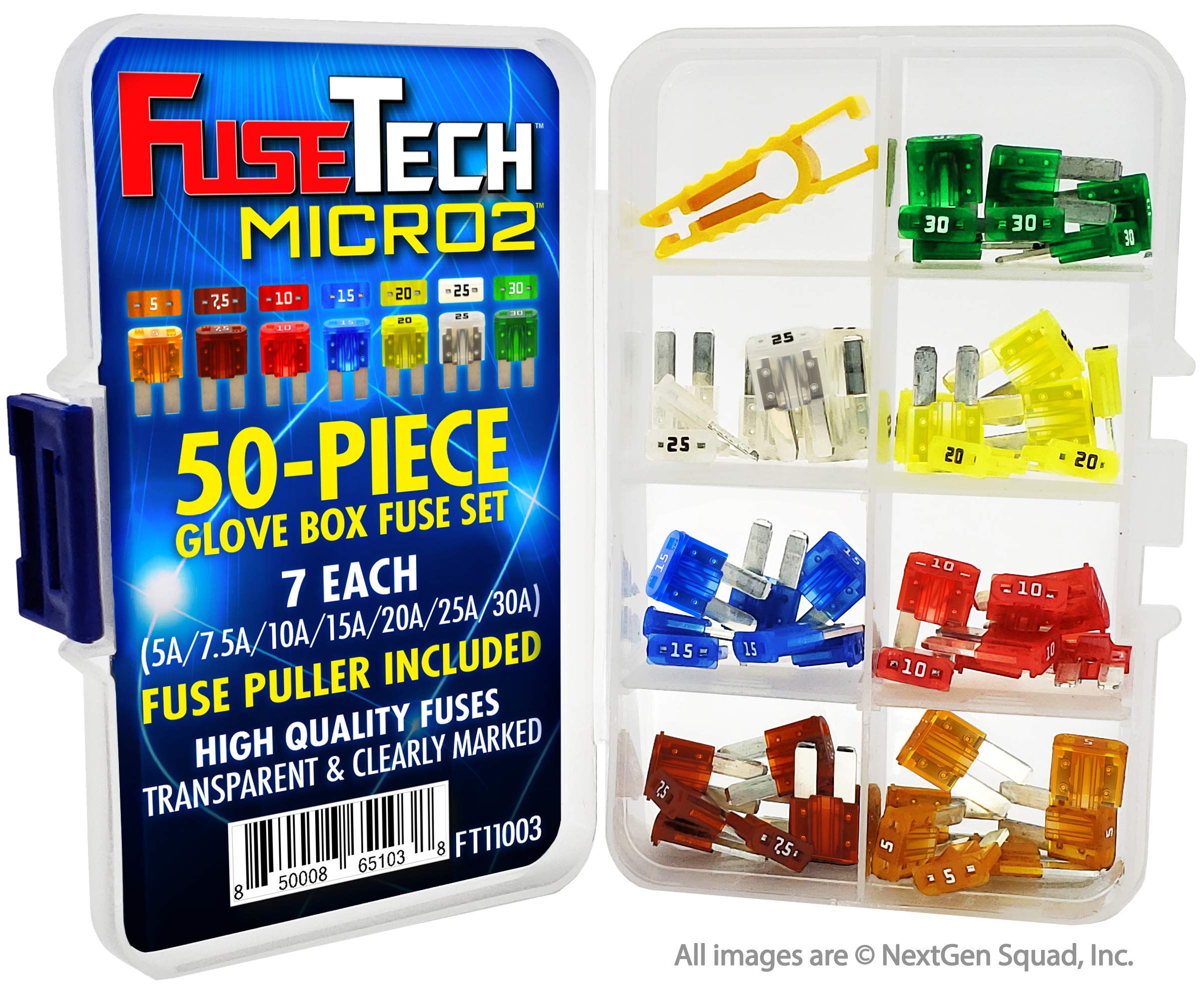 FuseTech color-coded micro2 fuses arranged by amperage for easy selection