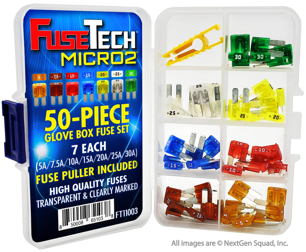 FuseTech color-coded micro2 fuses arranged by amperage for easy selection