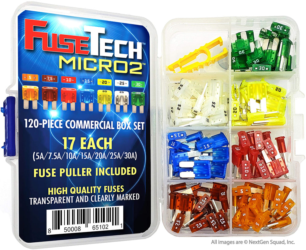FuseTech color-coded Micro2 fuses arranged by amp rating for fast identification