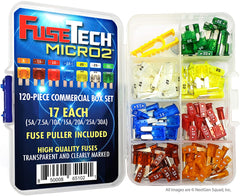 FuseTech color-coded Micro2 fuses arranged by amp rating for fast identification