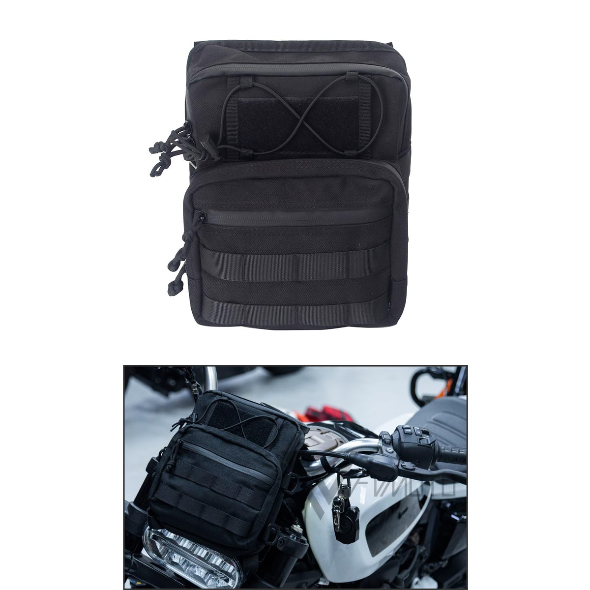 FVMOTO front view of handlebar bag showing compact storage and sleek design