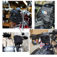 FVMOTO bag mounted on a club style T‑bar demonstrating secure fit and accessibility
