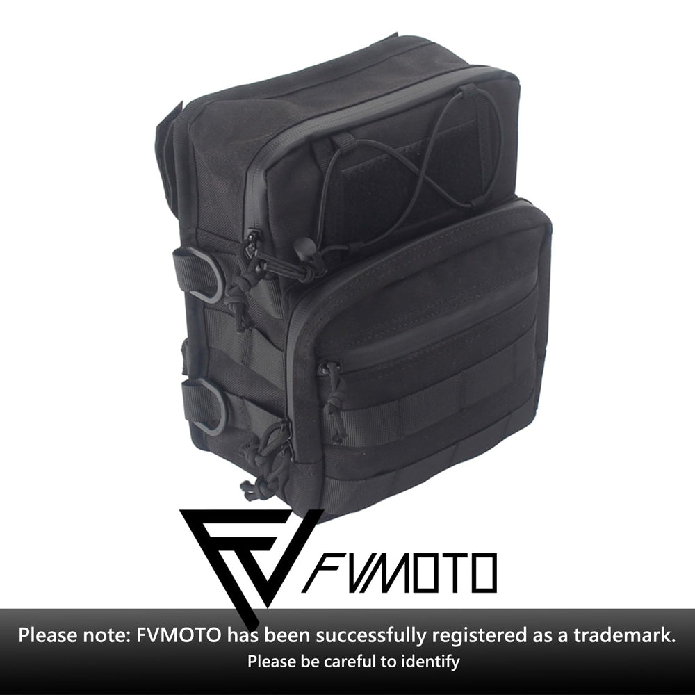 FVMOTO bag next to motorcycle helmet for size comparison and practical capacity