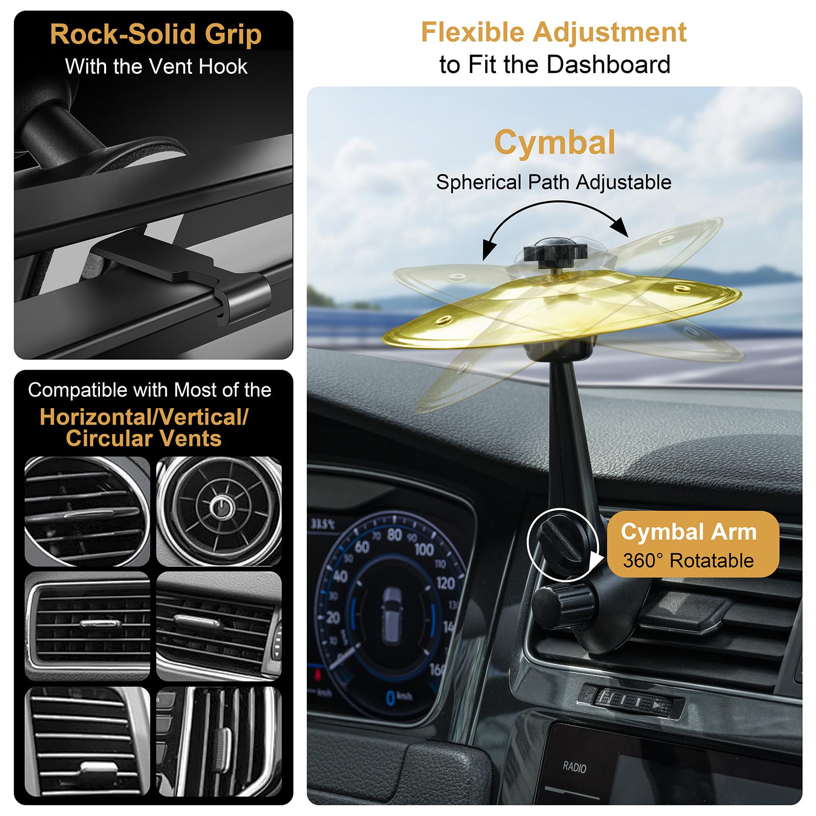 Gadinan cymbal in car with smiling driver conveying playful in-cabin atmosphere