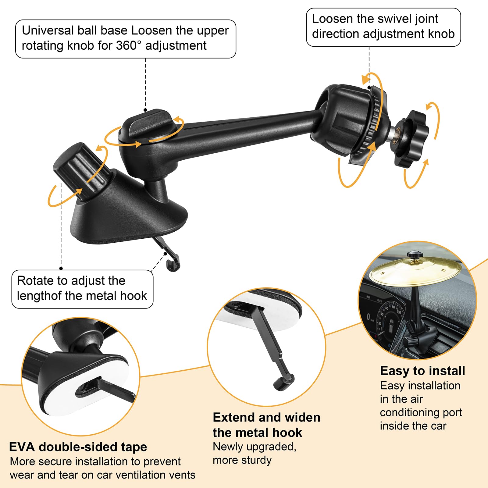 Gadinan cymbal clipped to car air vent showing secure, tool-free installation