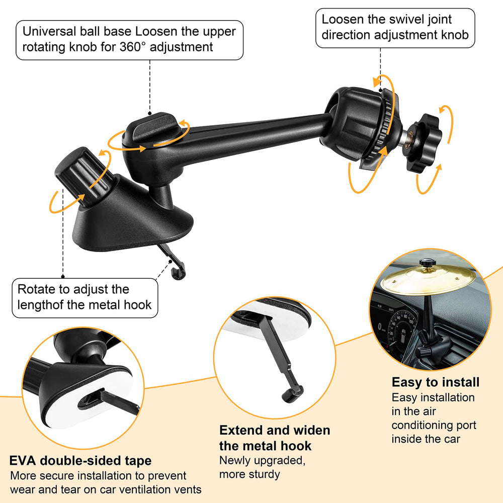 Gadinan cymbal clipped to car air vent showing secure, tool-free installation
