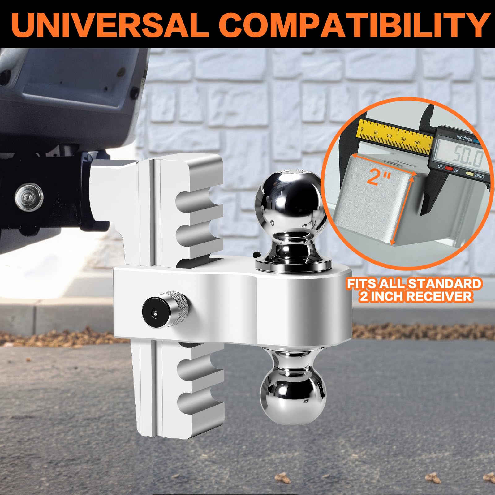 GAFONAXDRI dual-ball mount view, illustrates 2" and 2-5/16" towing capacity