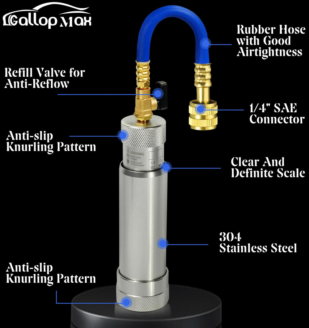 GallopMax injector connected to a car A/C low side for efficient oil addition