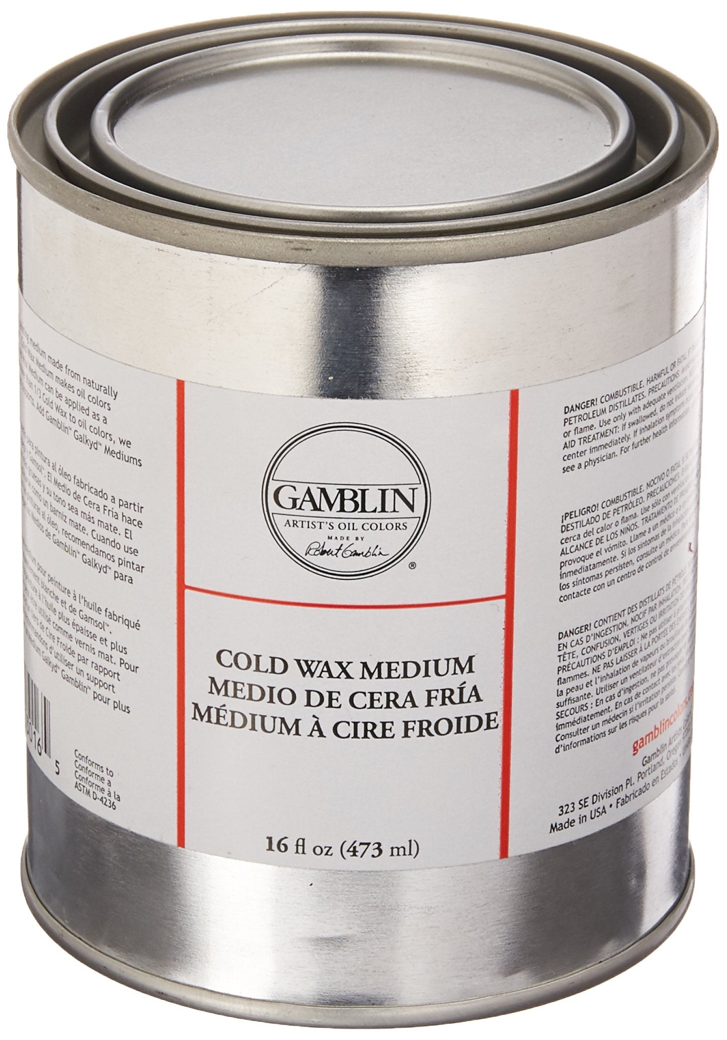 Gamblin cold wax medium front container showing label and 16 oz size benefits texture control