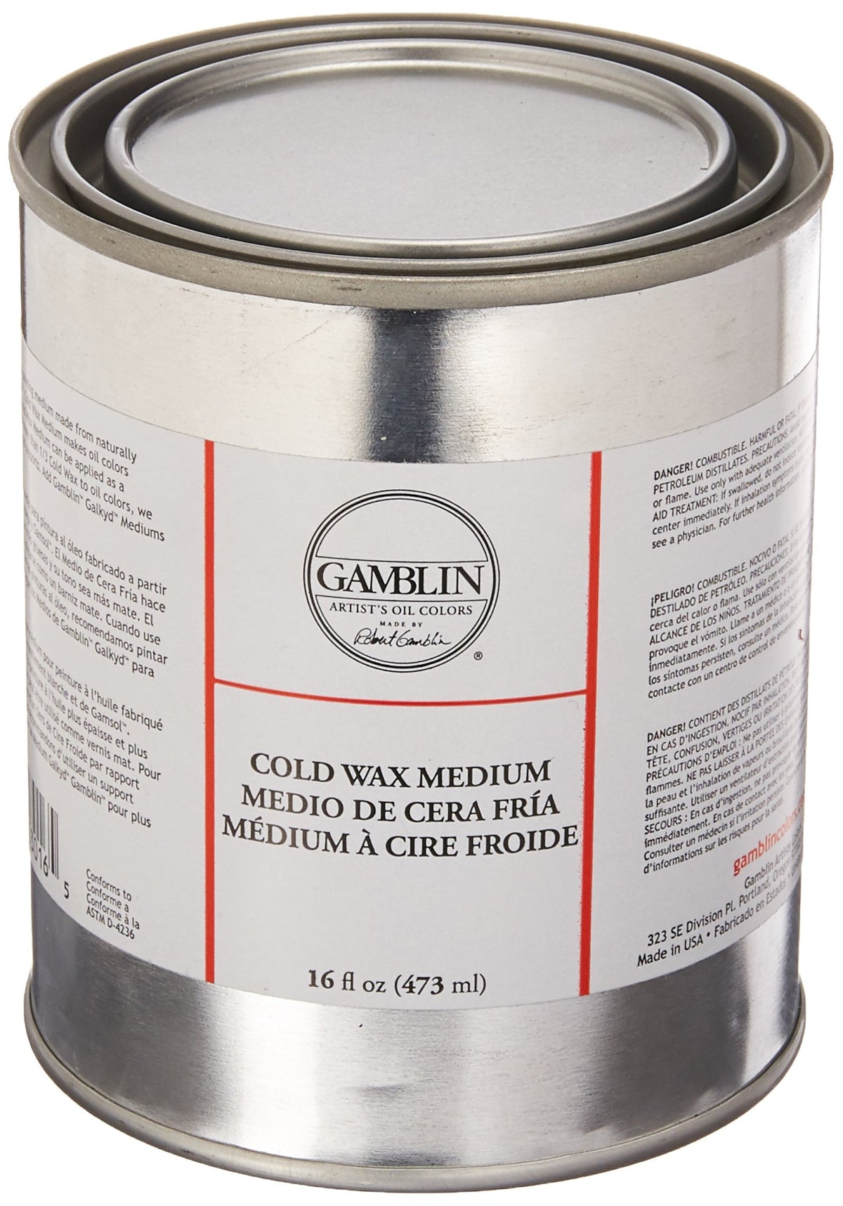 Gamblin cold wax medium front container showing label and 16 oz size benefits texture control
