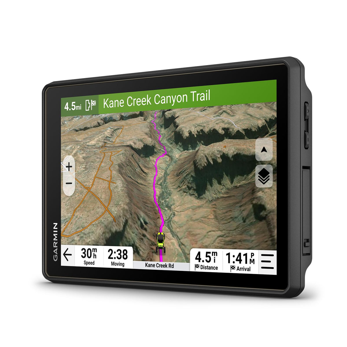 Garmin Tread 2 front display showing high-contrast map for better route visibility