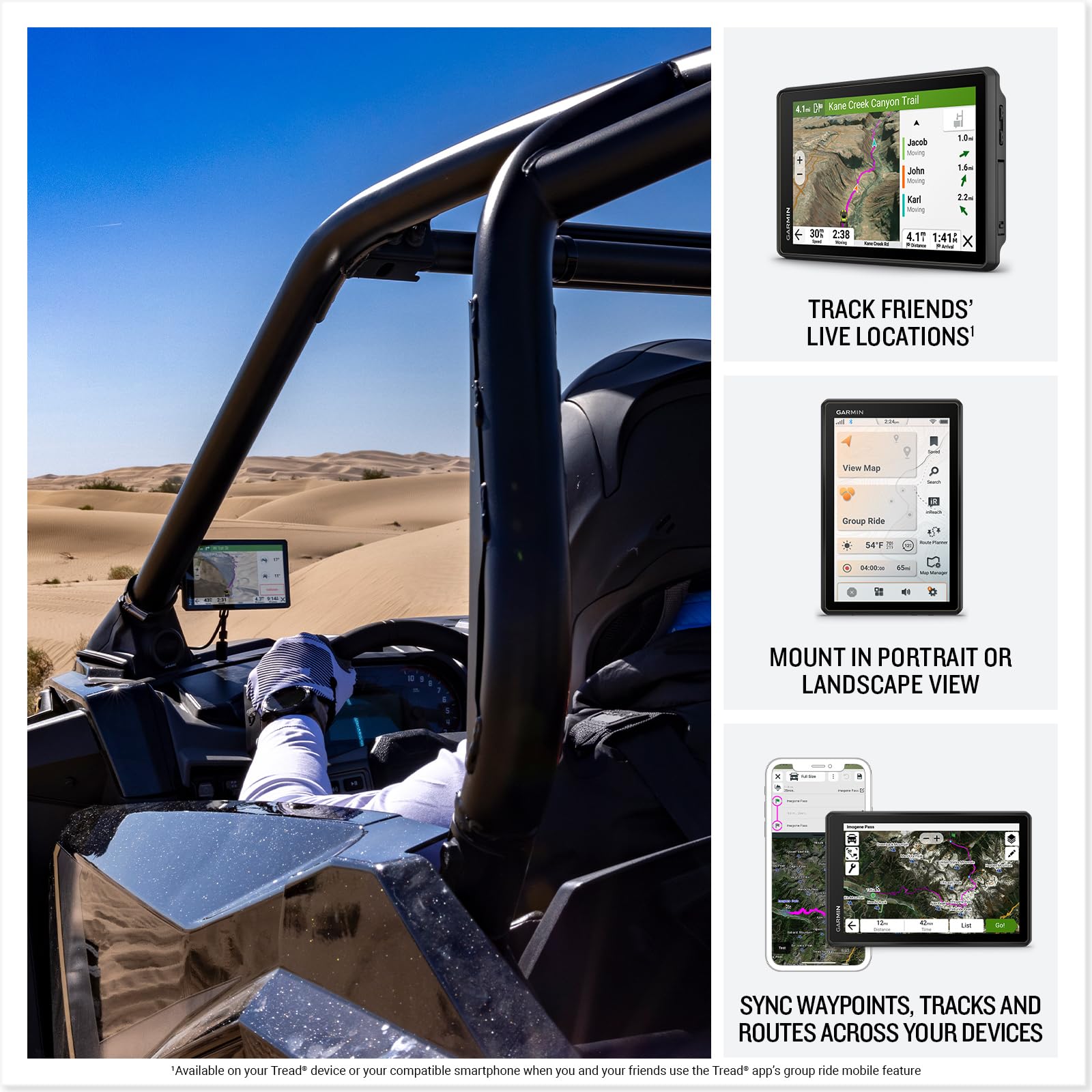 Garmin Tread 2 tube mount kit and power cable showing secure vehicle installation
