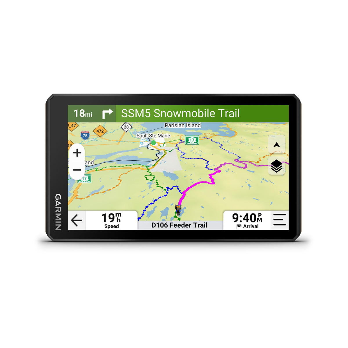 Garmin Tread 2 front display showing maps and benefit of clear navigation
