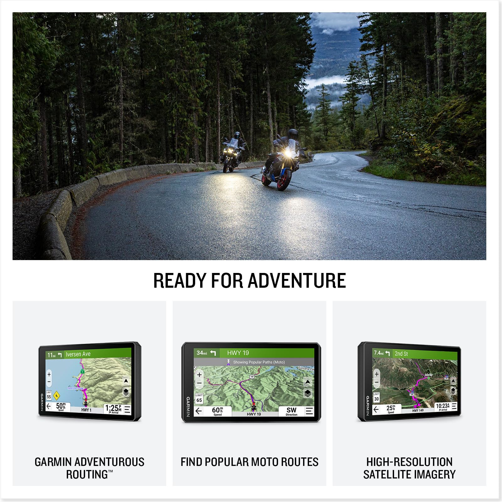 Garmin zūmo XT3 displaying satellite imagery, improved route context