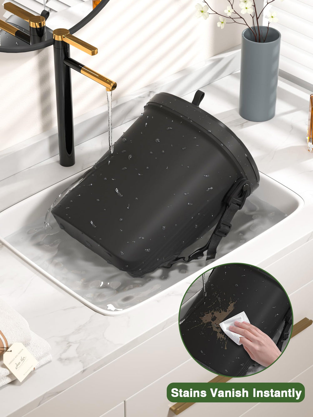 Garoopion open top revealing roomy 7.2L interior for trash or storage
