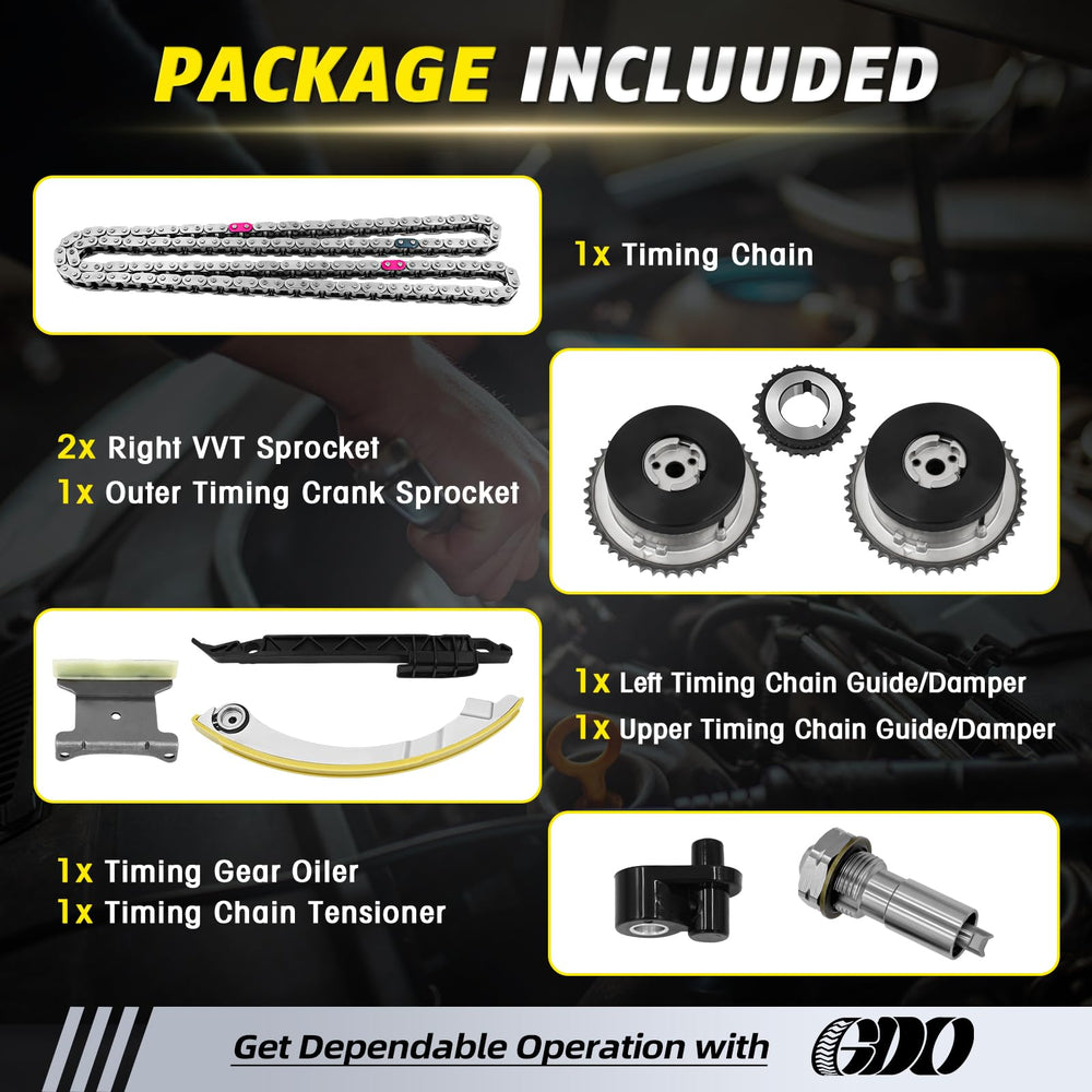 GDO timing chains and components laid out to demonstrate complete replacement