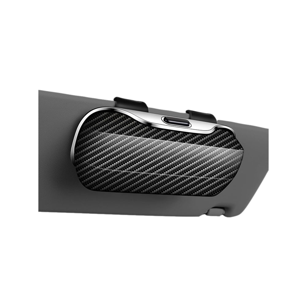 GDQ front view of visor-mounted sunglasses case showing compact profile and secure clip