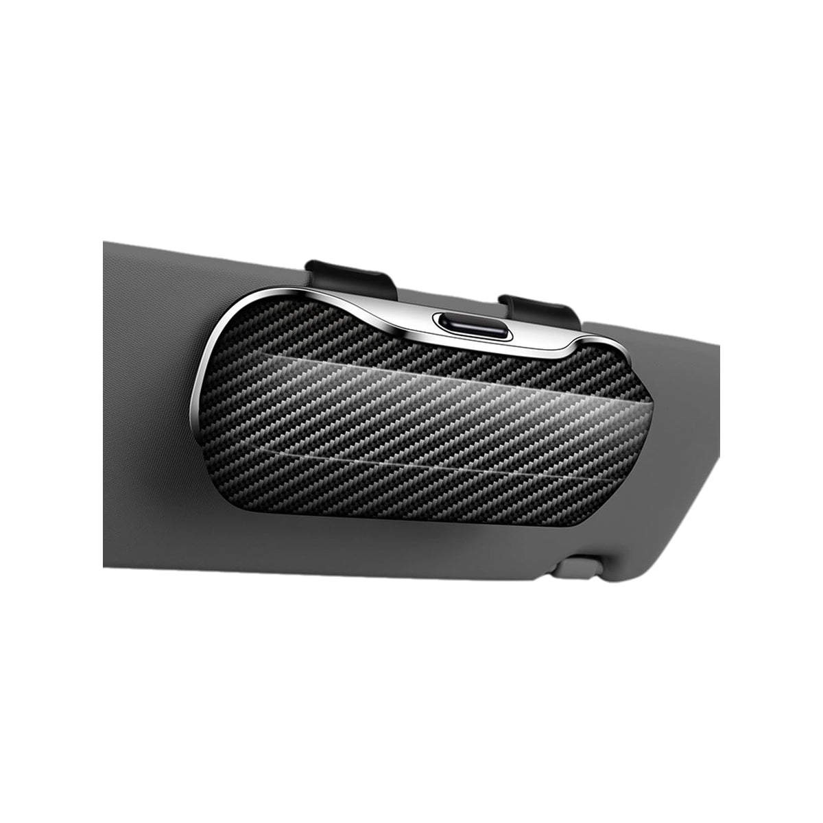 GDQ front view of visor-mounted sunglasses case showing compact profile and secure clip